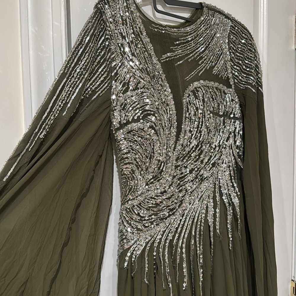 Navy Green Evening Gown with Cape and capped sleeves